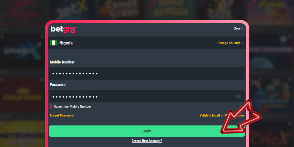 click login to enter Betgr8 Nigeria